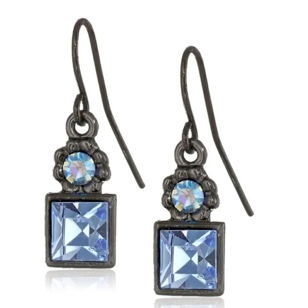 1928 Black and Light Sapphire Blue AB Crystal Square Drop Dangling Hook Earrings